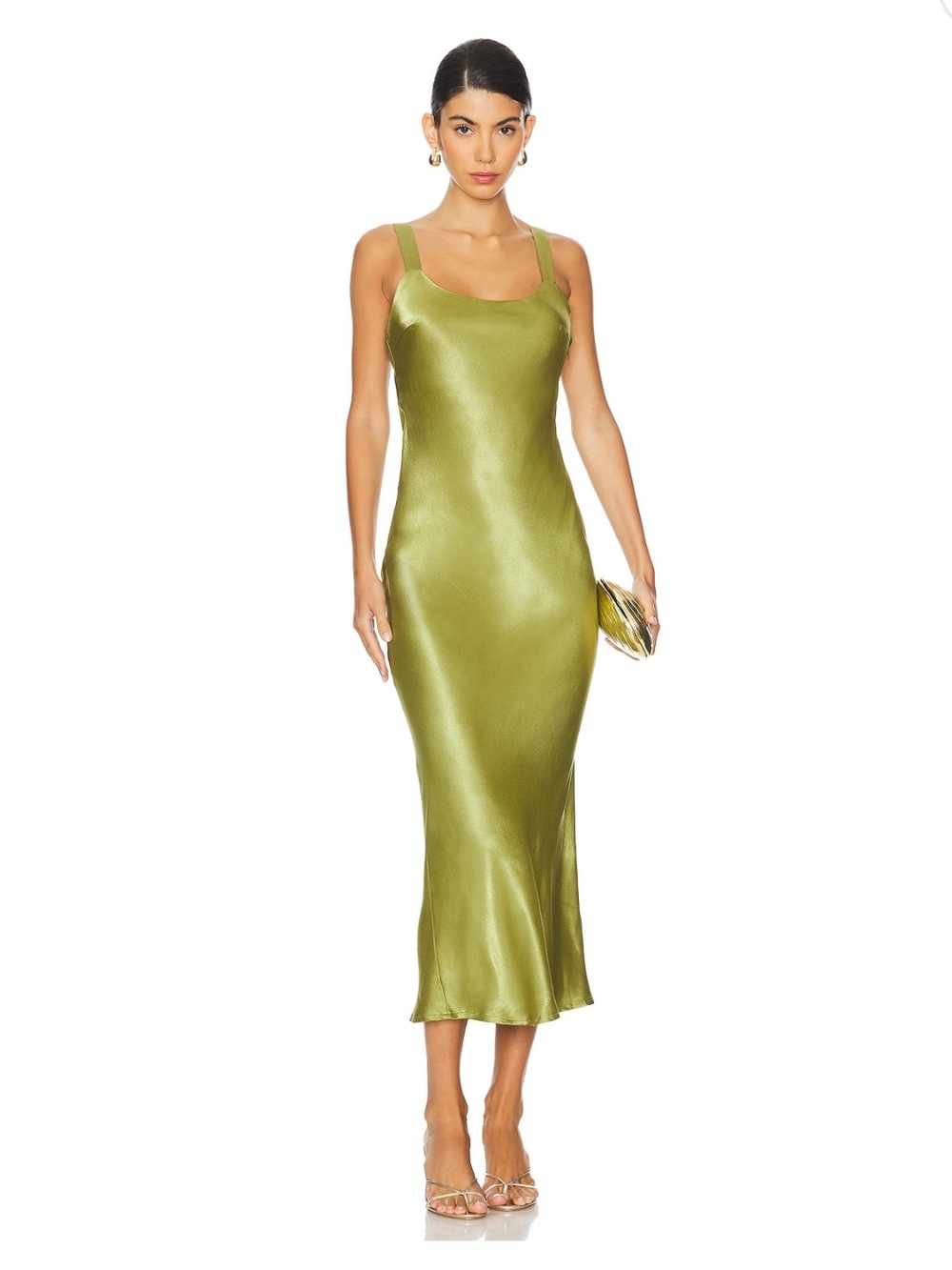 Satin Slip Midi Dress in Olive Green